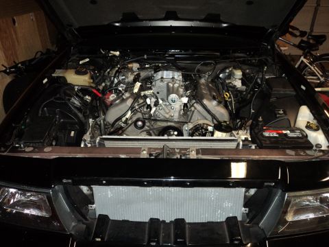 2004 Mercury Grand Marquis - The engine bay of a vehicle is shown with the hood open, revealing the V8 engine and radiator.