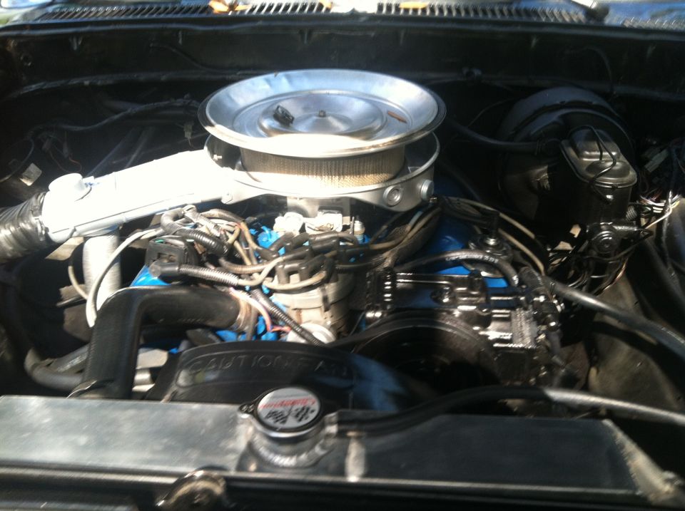 Engine bay with blue V8, chrome air cleaner, black fan shroud, and Champion radiator cap