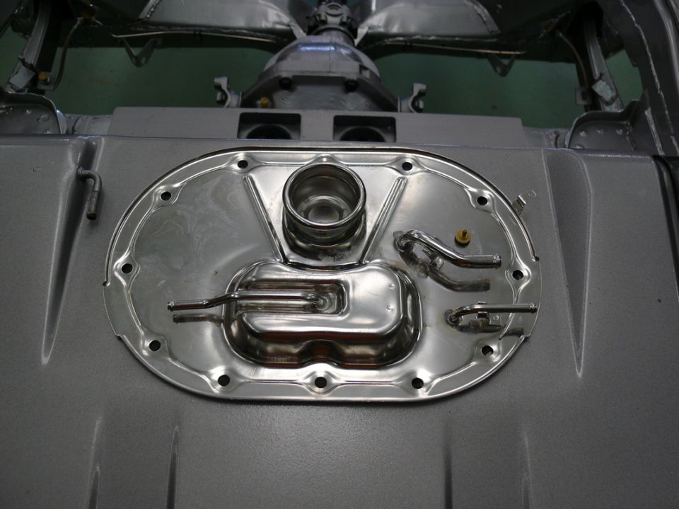 Fuel tank sending unit assembly with chrome cover and fuel lines