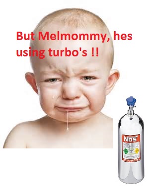 1965 Ford Fairlane - Baby crying next to a NOS bottle, with text about using turbos.