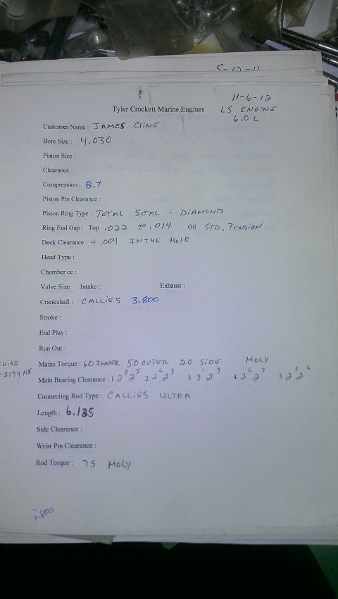 2005 Chevrolet Suburban - This document details engine specifications including bore size, compression ratio, and connecting rod length for customer James Cline.