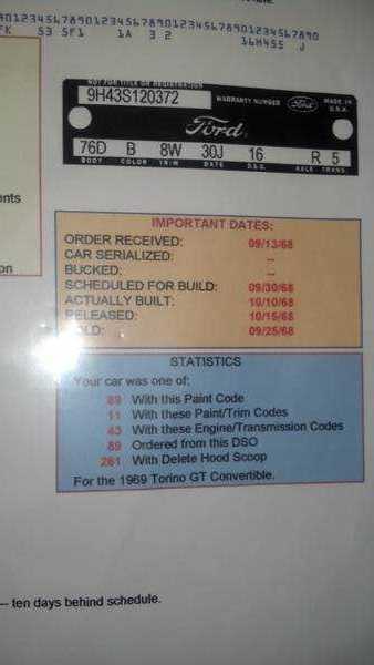 1969 Ford Fairlane - Marti Report document detailing build statistics and warranty information for a 1969 Ford Torino GT Convertible.