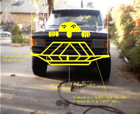 1991 Ford Bronco - Front view of a dark full-size pickup or Bronco in a driveway, overlaid with a hand-drawn yellow sketch of a proposed tube bumper and brush…