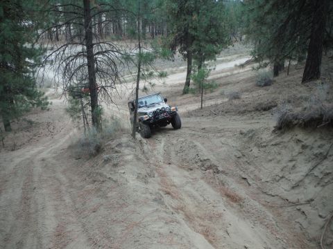 2005 Jeep Wrangler - A Jeep Wrangler navigates a sandy off-road trail surrounded by pine trees.