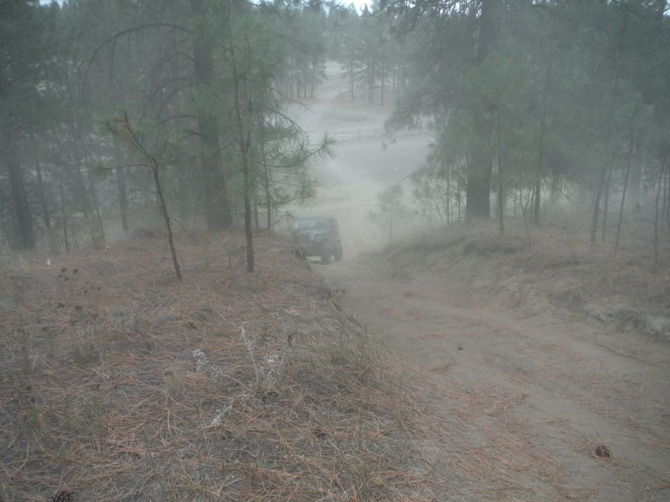 2005 Jeep Wrangler driving down a dusty forest road