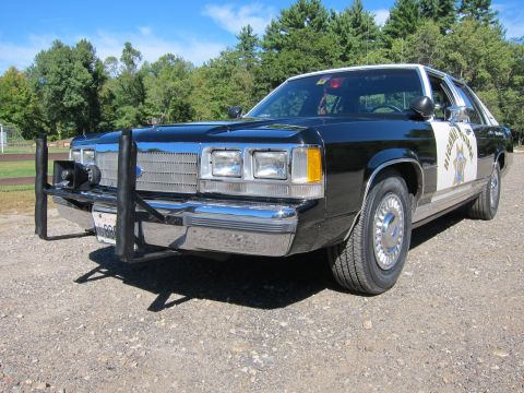 1991 Ford LTD Crown Victoria - Front three-quarter view of a black-and-white Ford Highway Patrol sedan with quad headlights and a black push bar, parked on gravel.