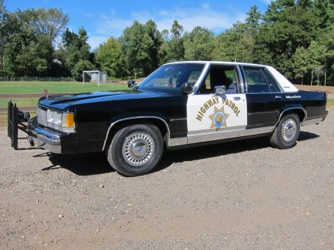 1991 Ford LTD Crown Victoria - Driver-side profile of a black-and-white police sedan in CHP livery, with gold 'Highway Patrol' lettering and star emblem on the door.