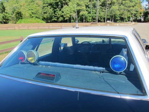 1991 Ford LTD Crown Victoria - View through a police sedan's rear window showing red and blue deck-mounted dome lights and the car's interior under the white vinyl roof.
