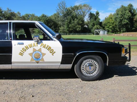 1991 Ford LTD Crown Victoria - Side detail of a black-and-white California Highway Patrol Ford sedan showing the gold star emblem and HIGHWAY PATROL text.