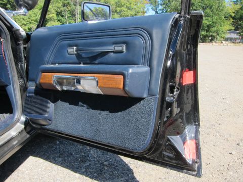 1991 Ford LTD Crown Victoria - Open blue vinyl front door panel with woodgrain accent and chrome handle, side mirror visible at top, parked on gravel.