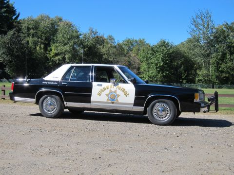1991 Ford LTD Crown Victoria - Side view of a black-and-white Highway Patrol Ford sedan with a front push bar and door shield emblem parked on a gravel lot.