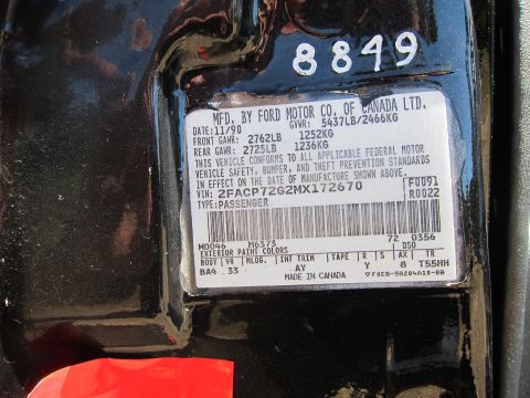 1991 Ford LTD Crown Victoria - Ford Motor Co. of Canada door-jamb certification label dated 11/90 listing GVWR, VIN 2FACP72G2MX172670 and paint codes, '8849' marked above.