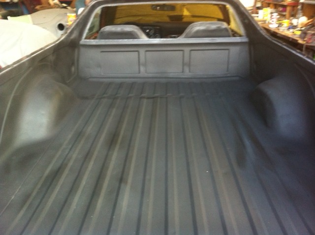 1972 Ford Ranchero pickup truck bed, dark gray, viewed from above