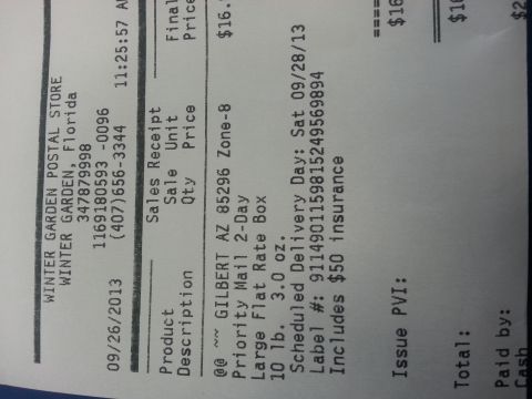 1994 Ford Bronco - Postal store sales receipt for a Priority Mail large flat rate box shipment with tracking and insurance details.