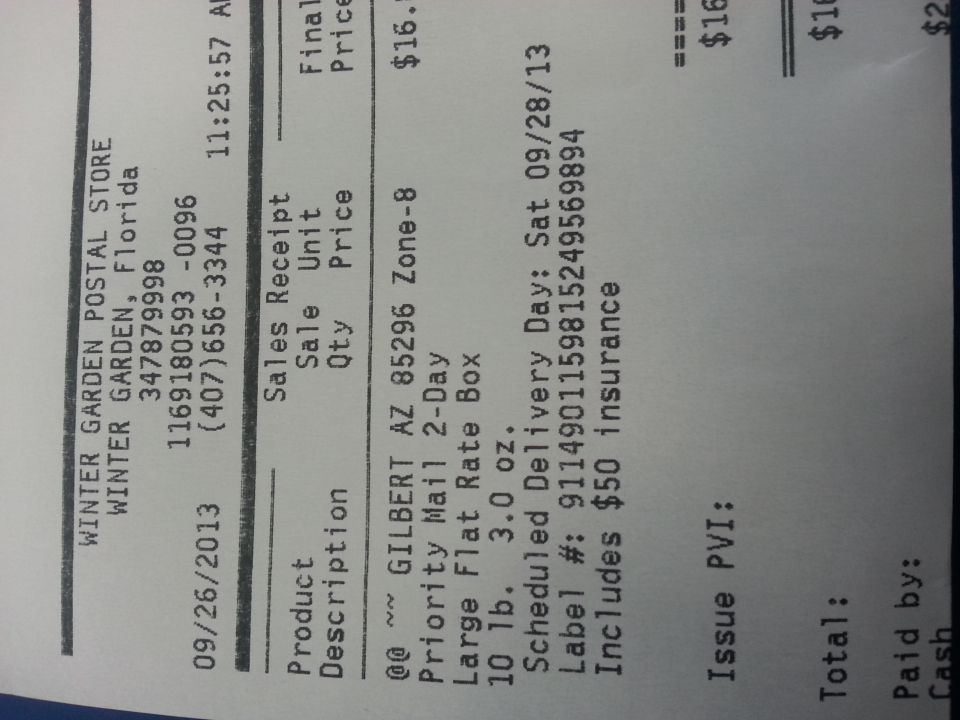 USPS Priority Mail sales receipt from Winter Garden, Florida postal store