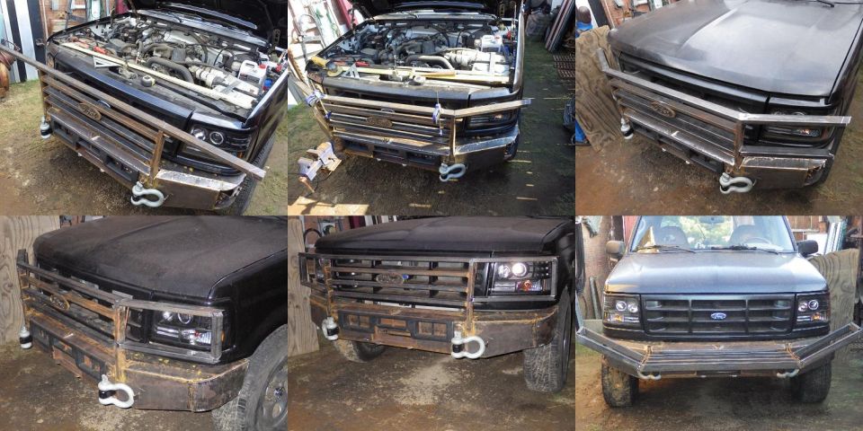 Collage of custom steel bumper and grille guard on a dark Ford truck front end