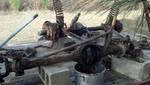 1996 Ford F-150 - Several heavily rusted vehicle axles are piled on top of concrete blocks outdoors.