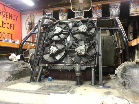 1978 Ford Bronco - Vehicle interior showing a custom radiator and fan setup, likely for engine cooling modifications.