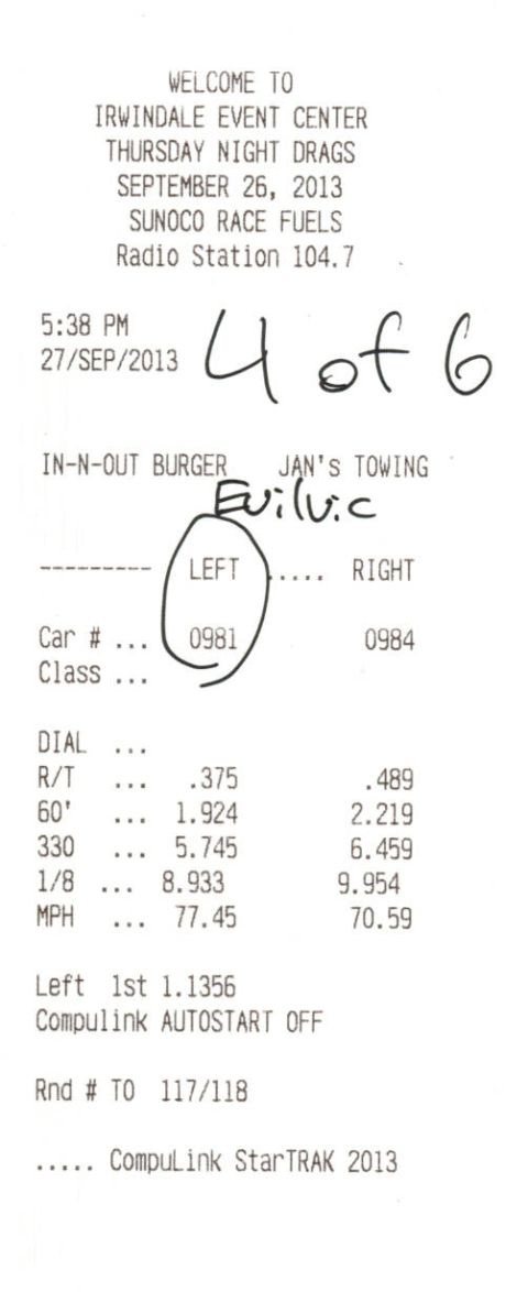 2003 Ford Crown Victoria - Drag-strip timeslip receipt from Irwindale Thursday Night Drags showing reaction time and elapsed times, not a vehicle technical document.