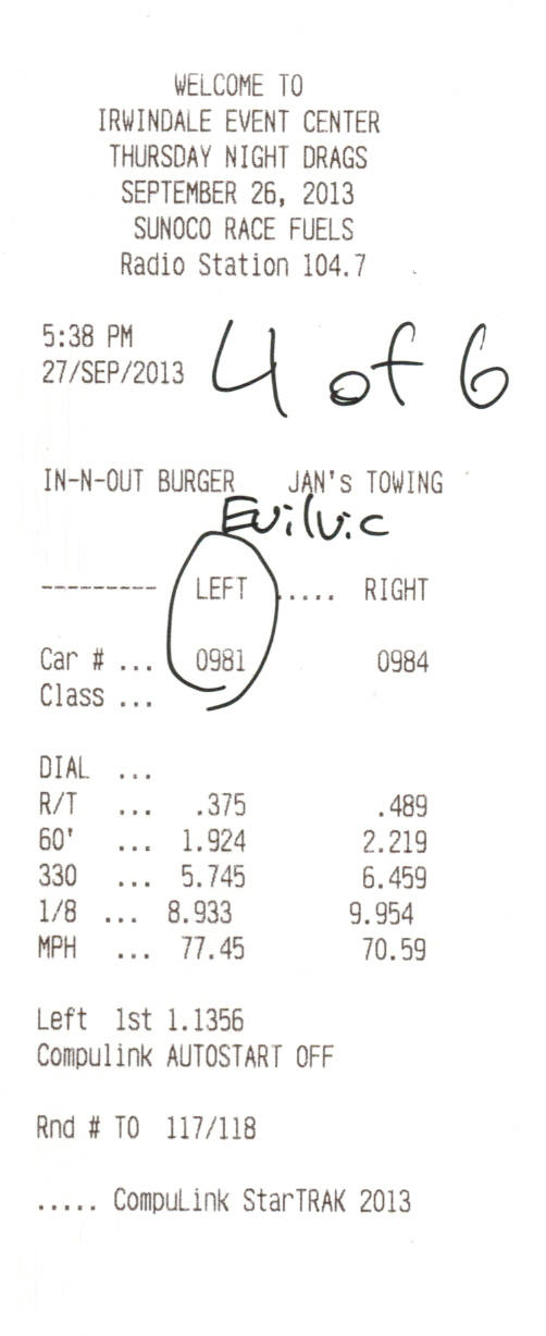 Irwindale drag strip race timeslip receipt 4 of 6