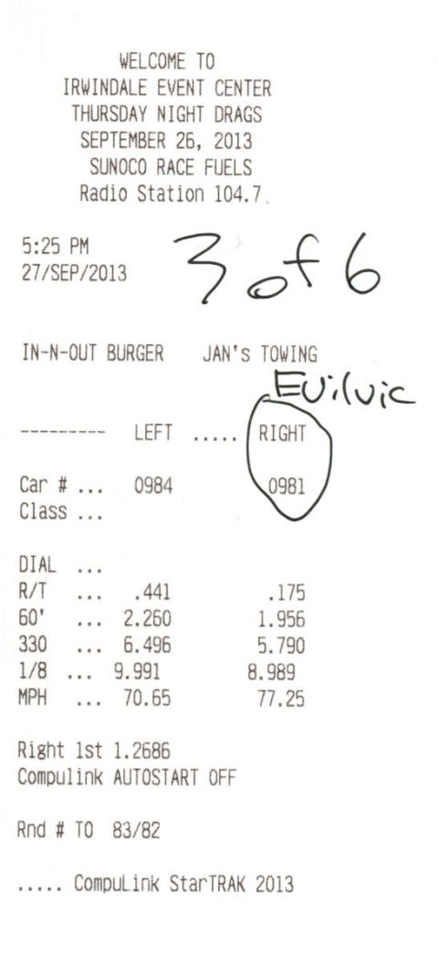 2003 Ford Crown Victoria - Drag-strip timeslip receipt from Irwindale Thursday Night Drags showing reaction time and elapsed times, not a vehicle technical document.