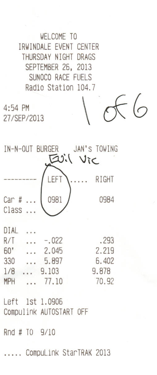 Irwindale drag strip race timeslip receipt 1 of 6