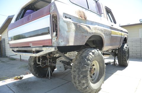 1979 Ford Bronco - This lifted 1979 Ford Bronco features a custom rear bumper and is undergoing modifications.