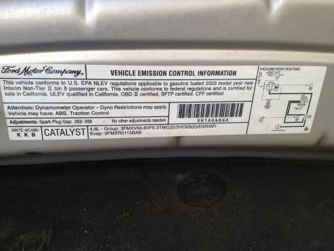 1998 Ford Crown Victoria - This Ford Motor Company emission control information sticker indicates the vehicle is a 2003 model year.