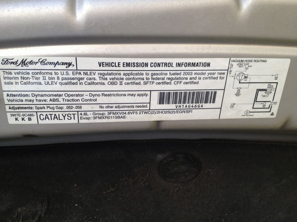 Ford Motor Company vehicle emission control information label listing a 4.6L engine and 2003 model year
