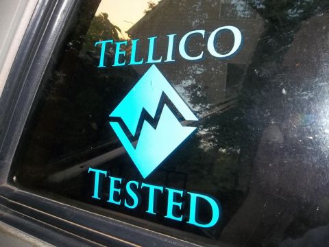 1995 Ford Bronco - A close-up of a window sticker with blue lettering and a diamond-shaped logo.
