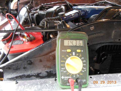 1979 Ford F-150 - Multimeter shows 14.36V in the engine bay of a 1979 Ford F-150.