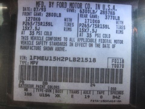 1993 Ford Bronco - This vehicle identification number sticker indicates the vehicle was manufactured in July 1993.
