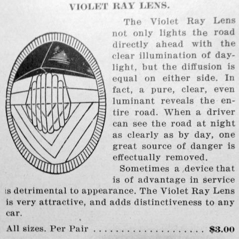 1915 Ford Model T - Vintage sales literature page advertising the Violet Ray Lens headlight, with product description and per-pair pricing.