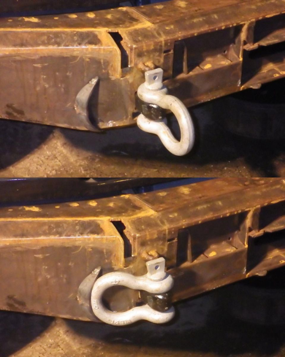 Galvanized D-ring shackle bolted to rusty steel frame, two close-up views