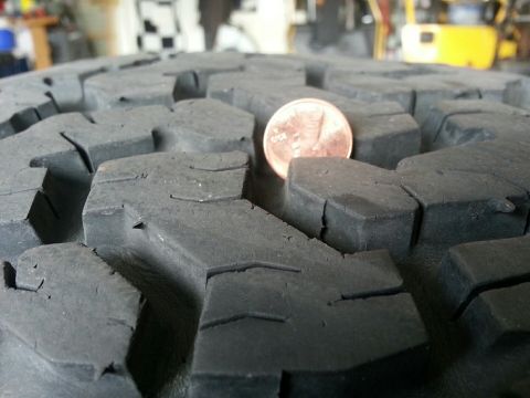1982 Jeep Wagoneer - Tire tread depth shown with a penny for scale.