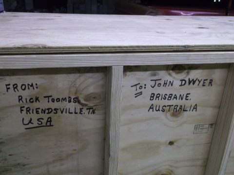 1970 Ford Mustang - Shipping crate details handwritten on wood, including sender and recipient information.