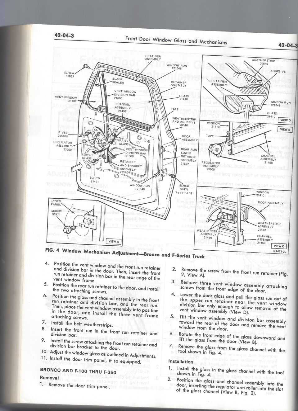 Service procedure for Bronco/F-Series front door window glass and mechanism