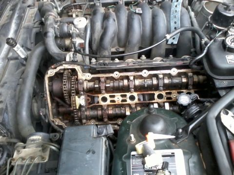 1998 Ford Crown Victoria - Close-up view of an engine with the valve cover removed, revealing internal components like camshafts and the timing chain.