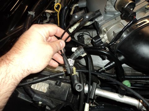 2004 Mercury Grand Marquis - A close-up view of engine wiring and spark plug wires being held by a hand.