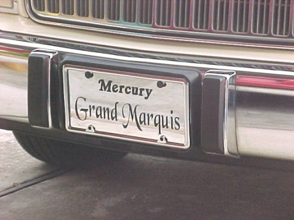 Mercury Grand Marquis vanity plate in chrome frame on front bumper