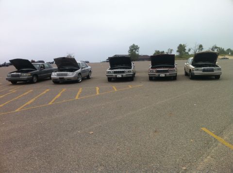 2003 Ford Crown Victoria - Five sedans with their hoods open are parked in a lot with yellow parking lines. The vehicles are lined up from left to right, with the lef…