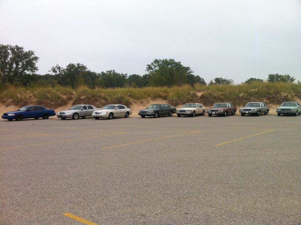 Eight sedans parked in a lot with sand dunes and trees behind them.