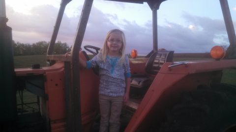 1979 Ford Bronco - A young girl with blonde hair and glasses stands in the driver's seat of an orange tractor. The tractor has a roll cage and an orange warni…