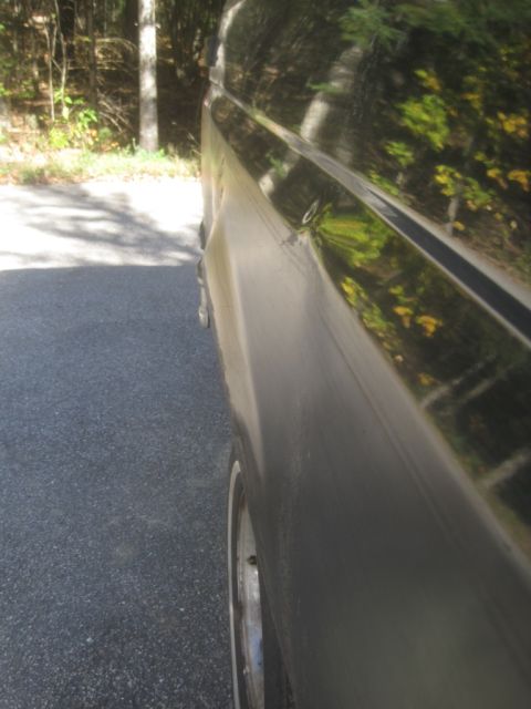 1993 Ford Bronco - The side panel of a dark-colored SUV is shown, reflecting the surrounding trees and foliage.