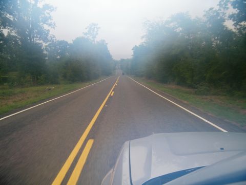 1909 Ford Model T - View from a silver car driving down a two-lane rural road, with trees lining the sides and another vehicle in the distance.
