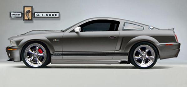Side profile illustration of a gray Shelby GT500E Mustang on chrome wheels with Shelby badge plaque