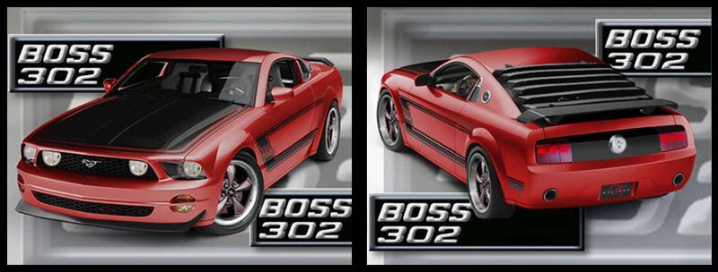 Red Mustang coupe with black hood, front and rear 3/4 views, BOSS 302 text overlays
