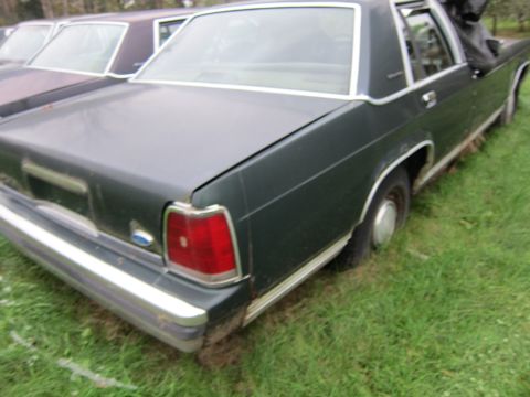1991 Ford LTD Crown Victoria - Rear quarter view of a dark green 1991 Ford Crown Victoria LTD sedan parked in a grassy area.