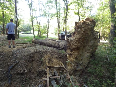 1983 Ford Bronco - Ultimately, we pulled it a few more feet past here, just to keep the weight off his septic drain line. Note the crumpled frame.