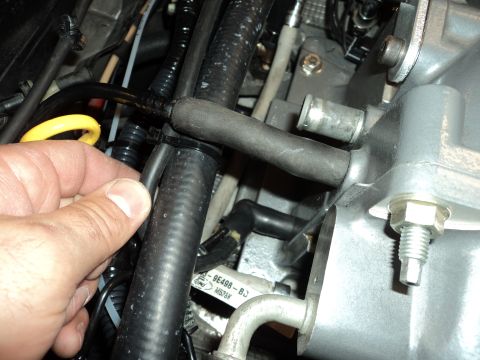2004 Mercury Grand Marquis - Close-up view of engine bay components, including a hand securing a hose and a visible Ford part number.